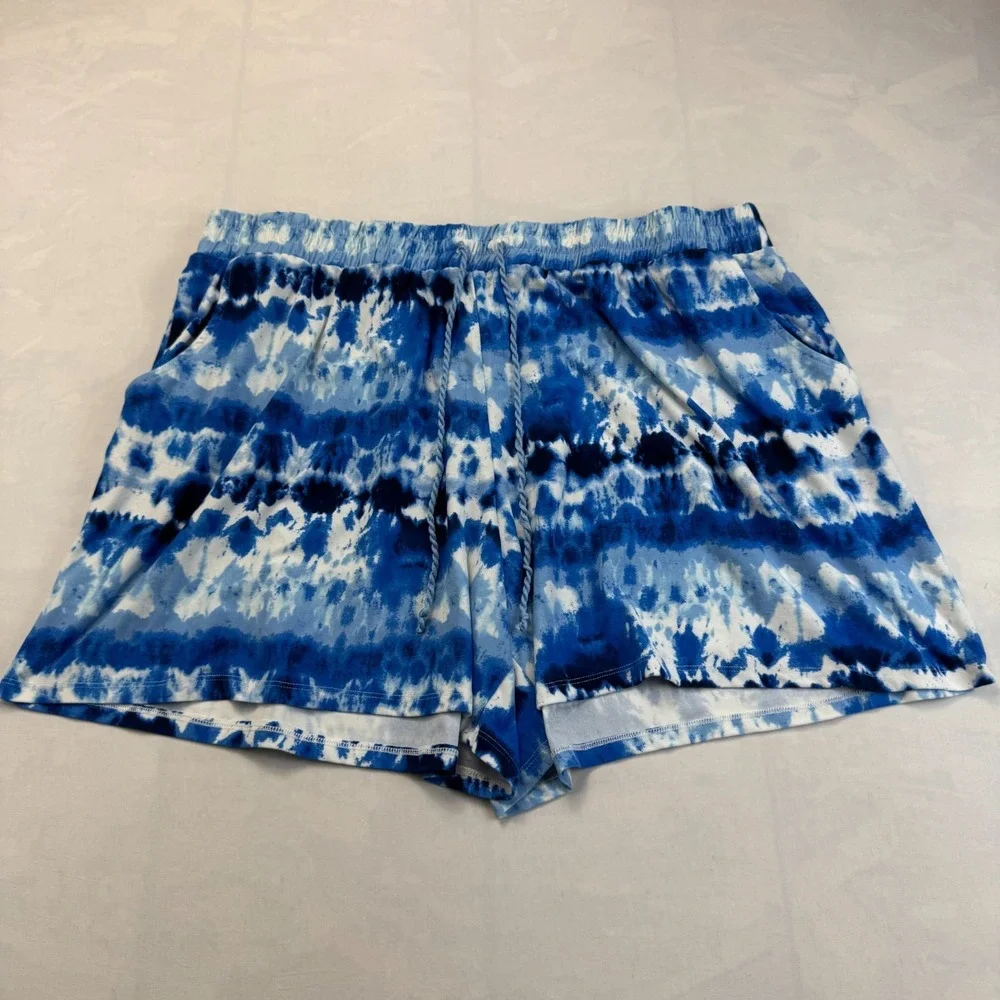 Terra & Sky Shorts Womens 2X Blue White Tie Dye Stretch Elastic Waist Drawstring